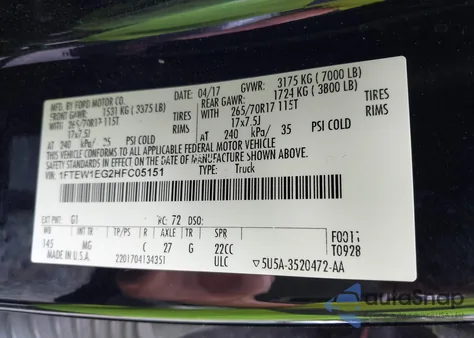 2017 Ford F-150 King Ranch/Lariat/Limited/Platinum/Xl/Xlt z USA, uszkodzony, nr VIN 1FTEW1EG2HFC05151